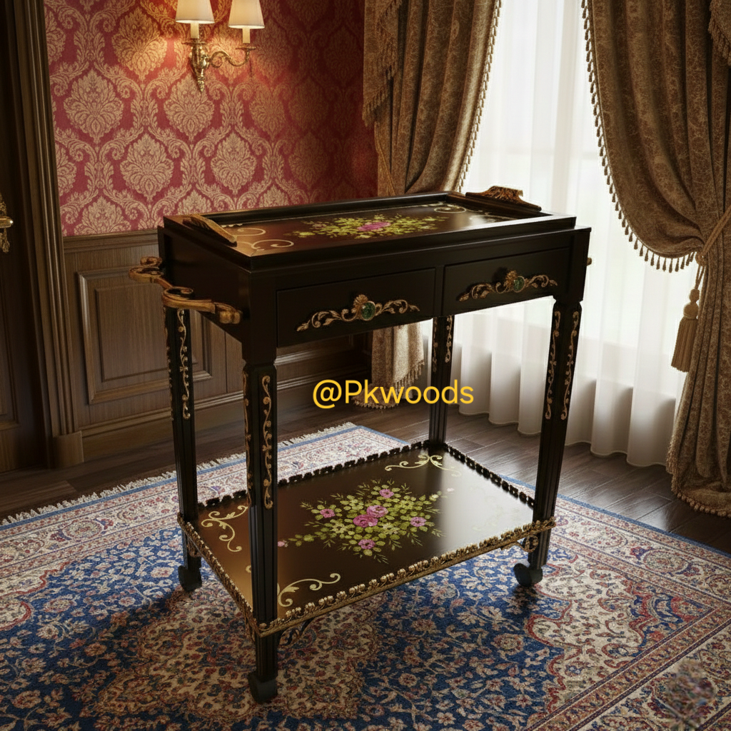 Brown Classic Two Tier Hand Painted Tea Trolley