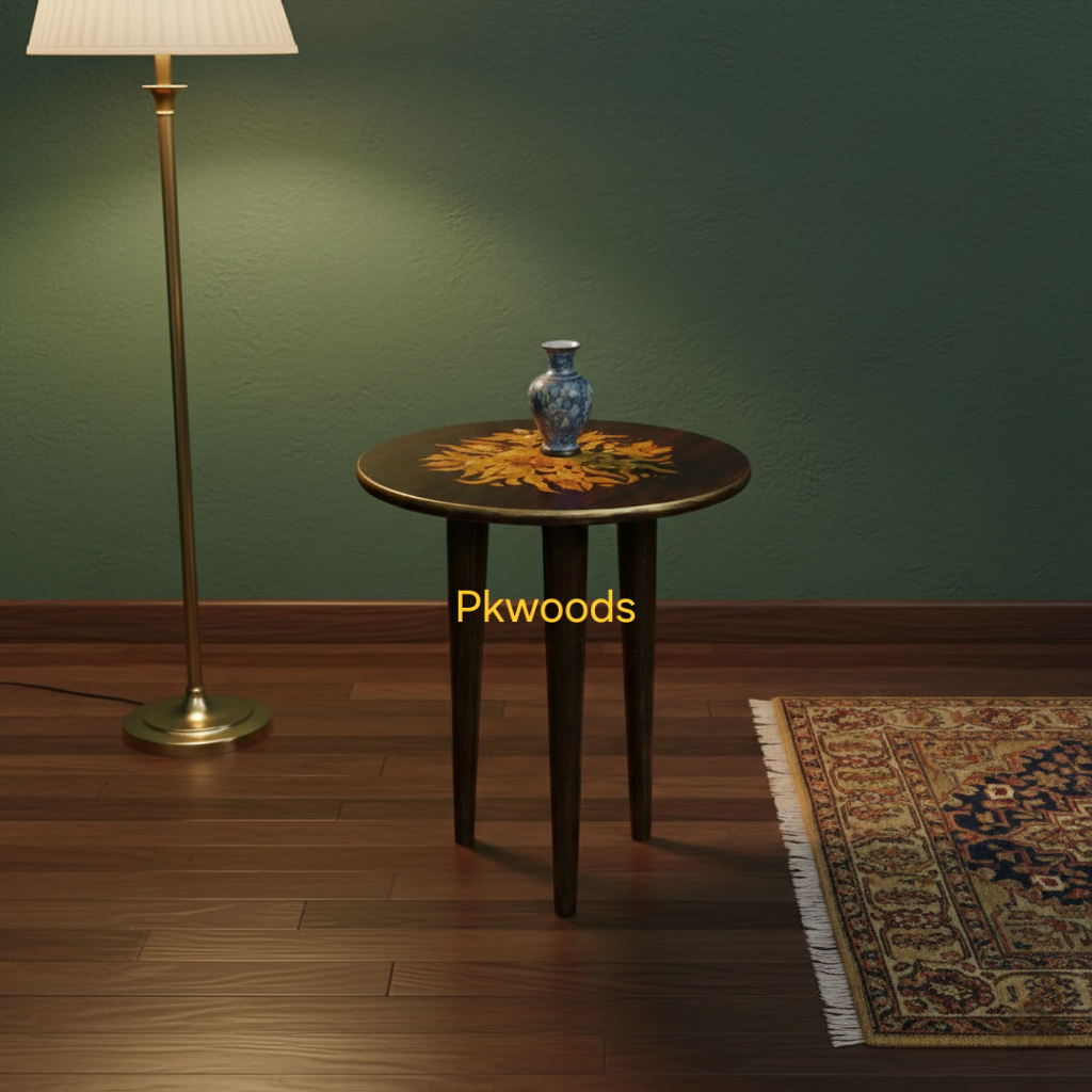 PK Woods Hand-Painted Floral Wooden Accent Side Table – Round Decorative End Table