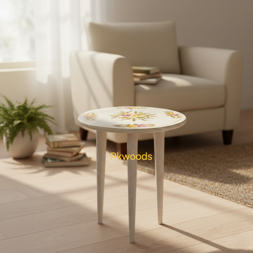 PK Woods Hand-Painted Floral Wooden Accent Side Table – Round Decorative End Table