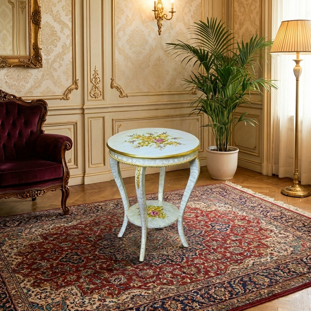 White Floral Golden Wooden Side Table