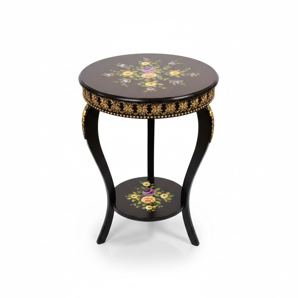 Black Floral Golden Wooden Side Table