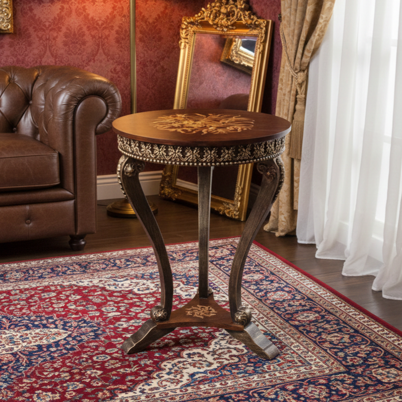 Floral Brown Antique Wooden Side Table with Carved Border