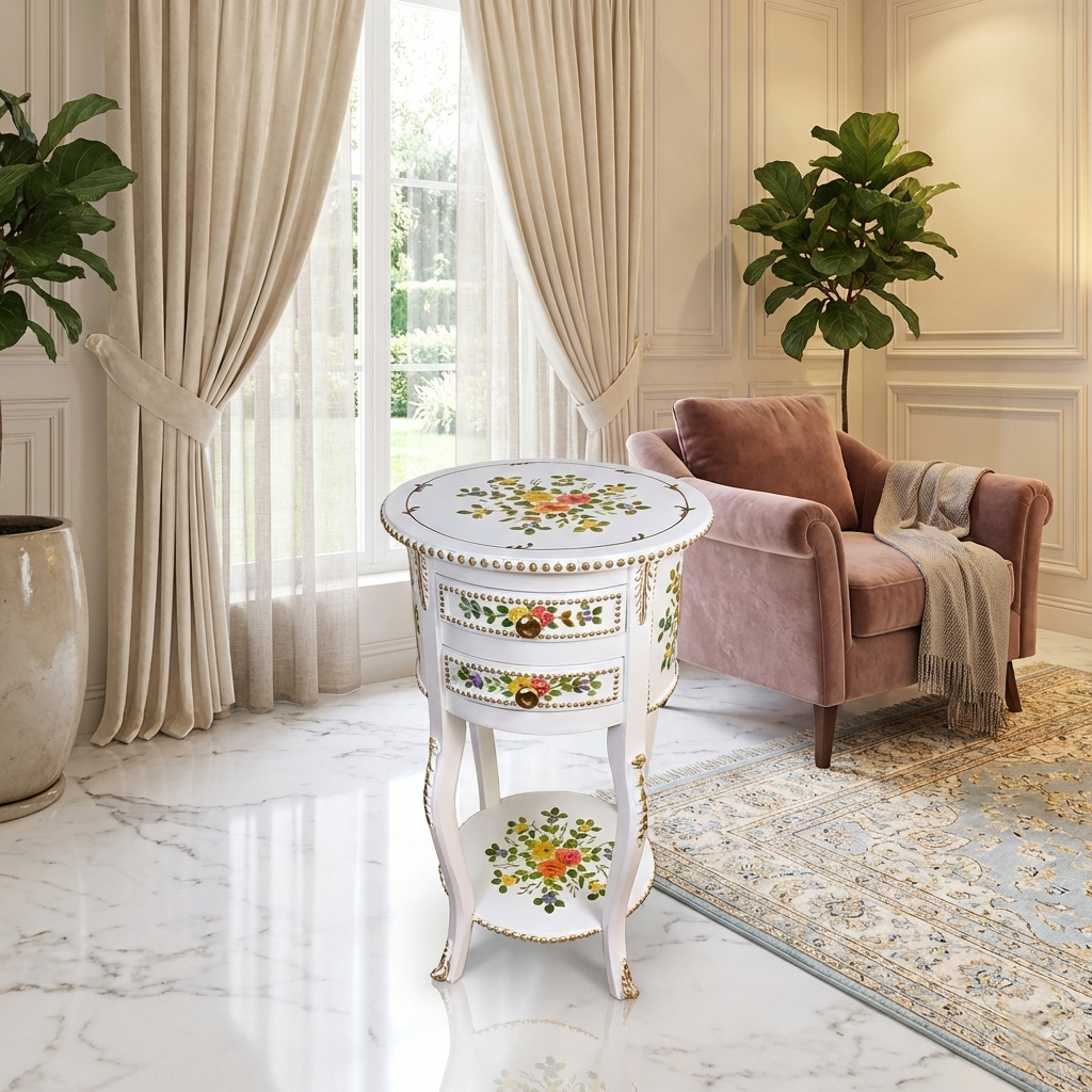 White Floral Round Wooden Table