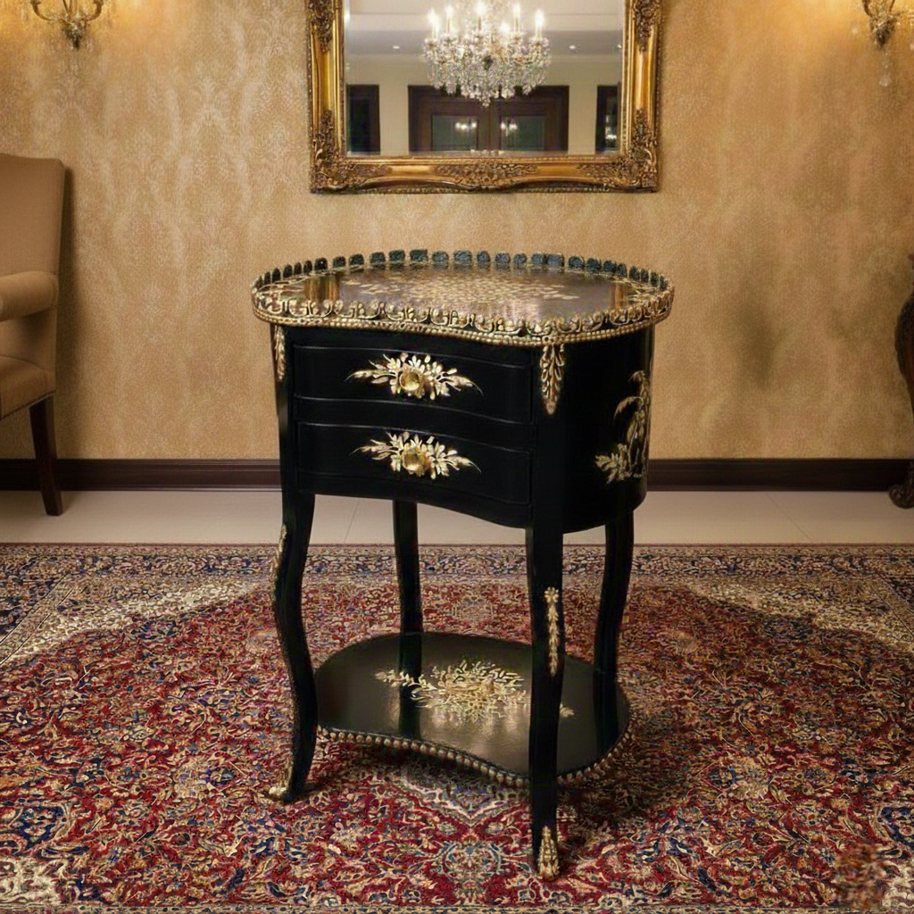 Black Blossom Hand-Painted Kidney Shaped Side Table