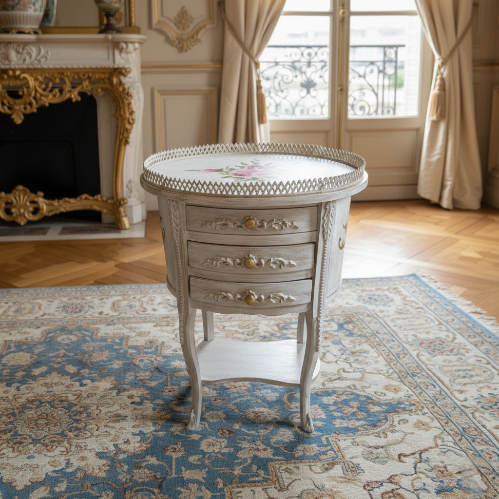 White Chalk Finishing Antique three drawers Oval Wooden Table