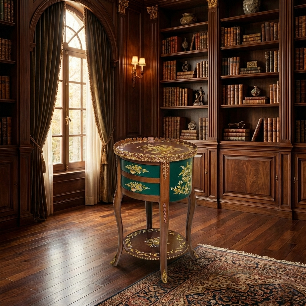 Brown Green Antique Floral Round Accent Table