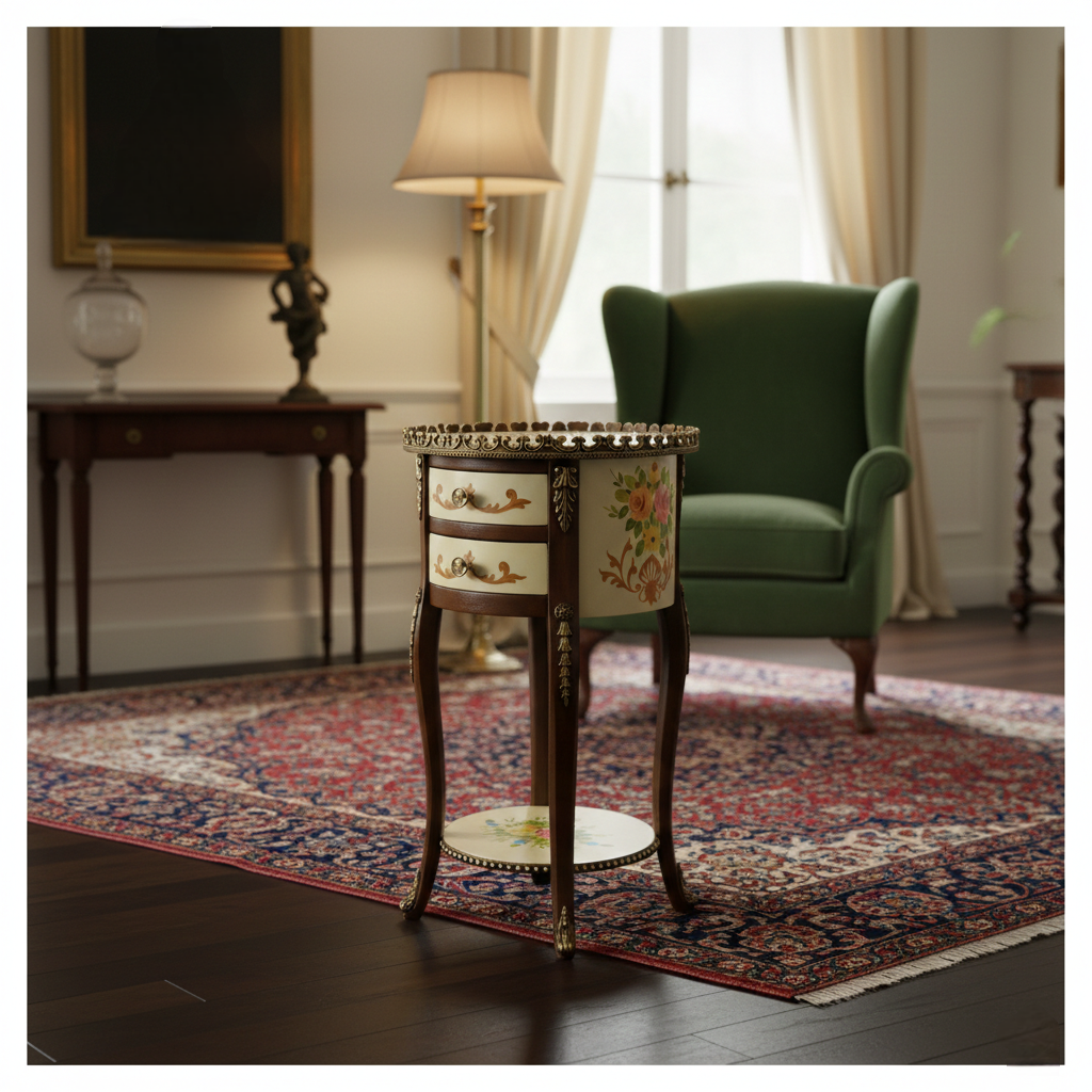 Brown Creme Floral Antique Round Wooden Table