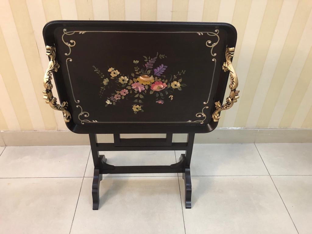 Black Floral Foldable Tray Table with Metal Handles
