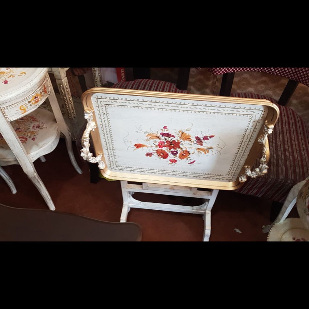 White Floral Foldable Tray Table with Metal Handles