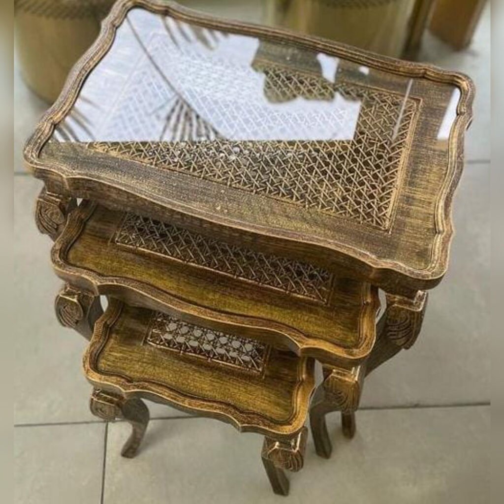 Antique Brown Cane Nesting Table Set of 3