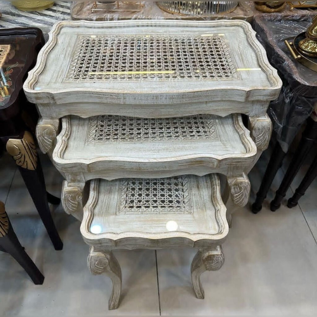 White Cane Nesting Table Set of 3