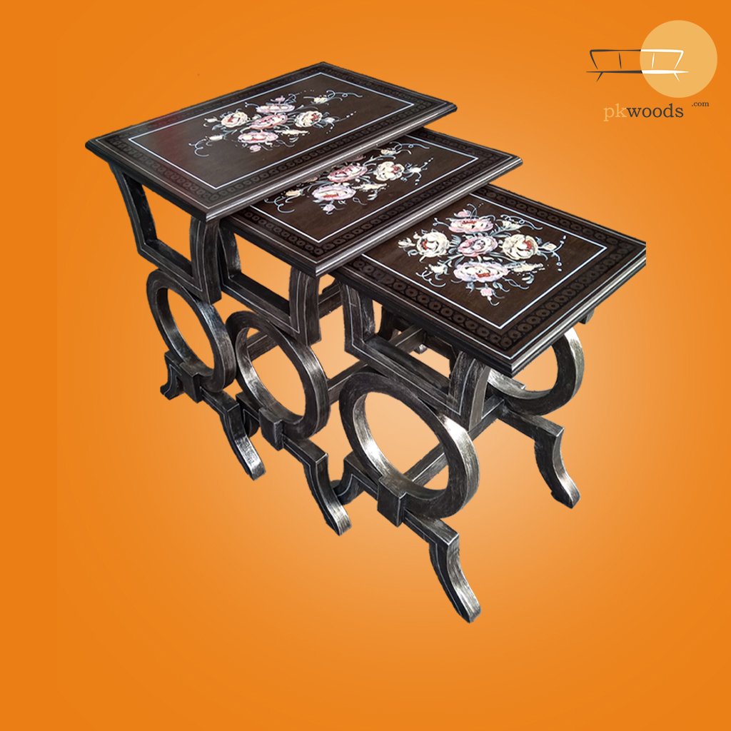 Vintage Floral Inlay Nesting Tables (3-Piece Set)