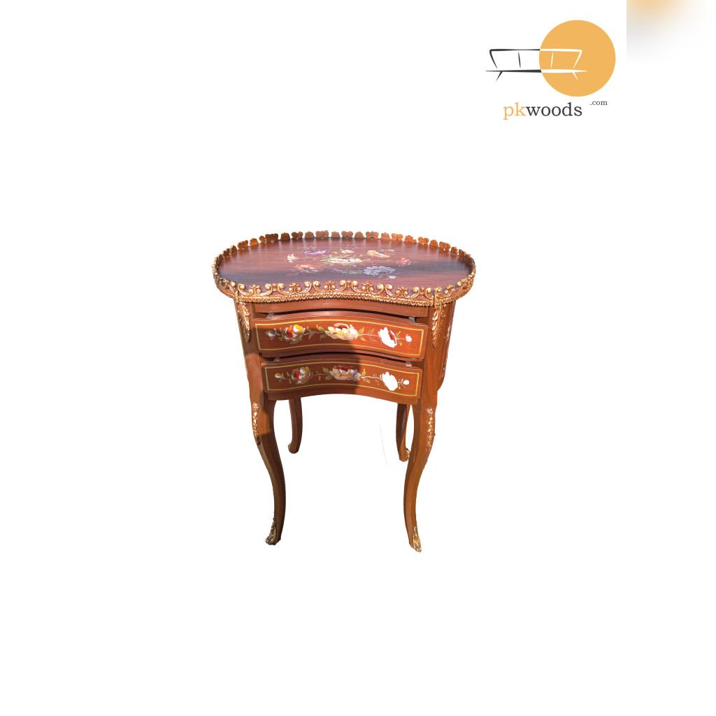 Brown Antique Floral Golden Kidney Shaped Wooden Table