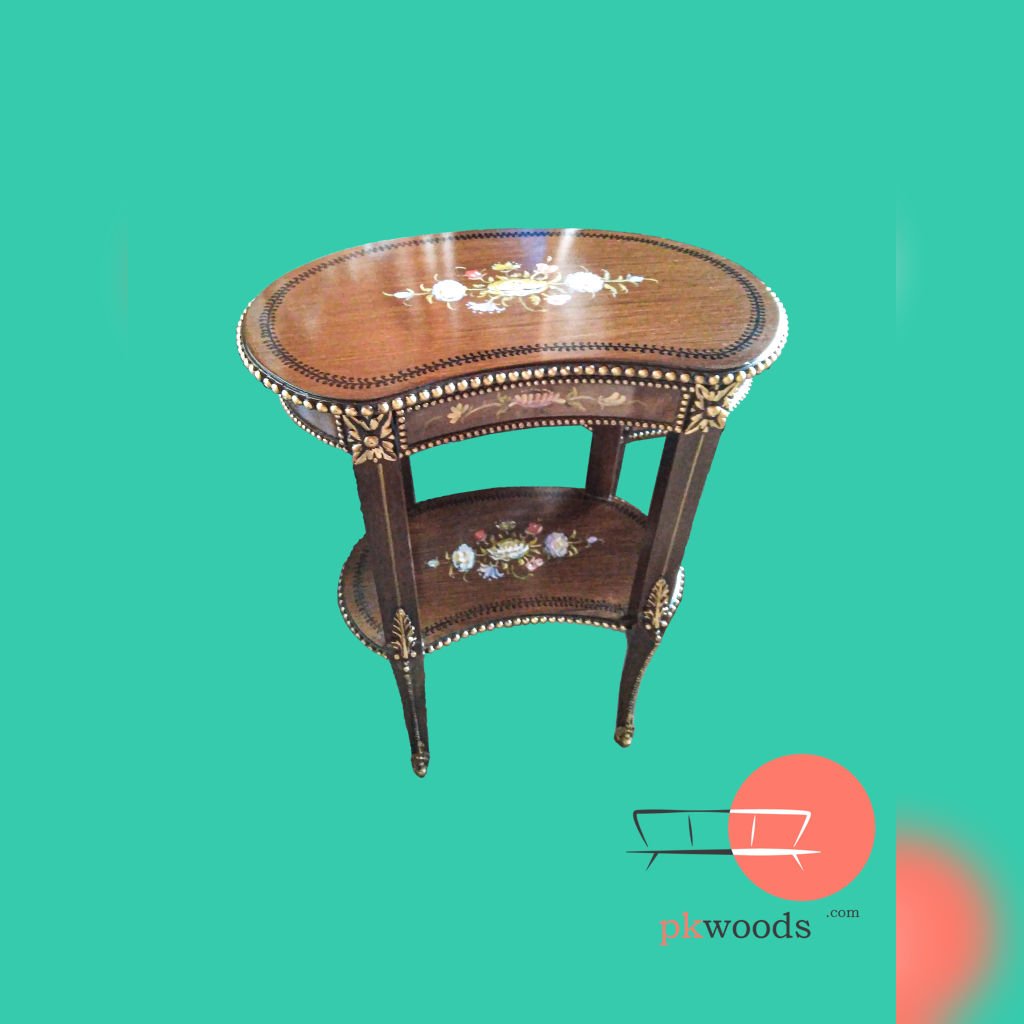 Brown Antique Floral Drawer Kidney Shaped Wooden Table
