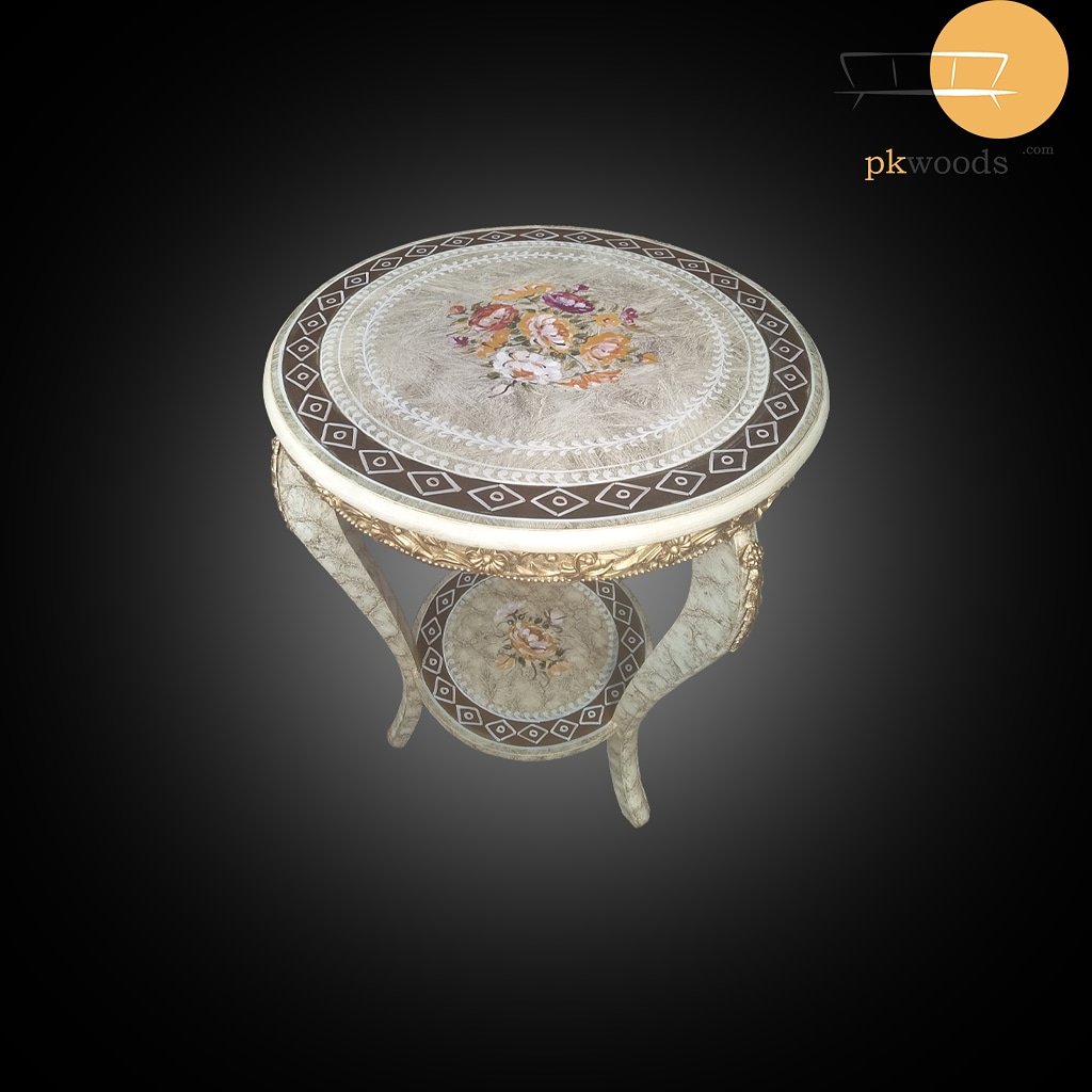 White Vintage Floral Golden Wooden Side Table