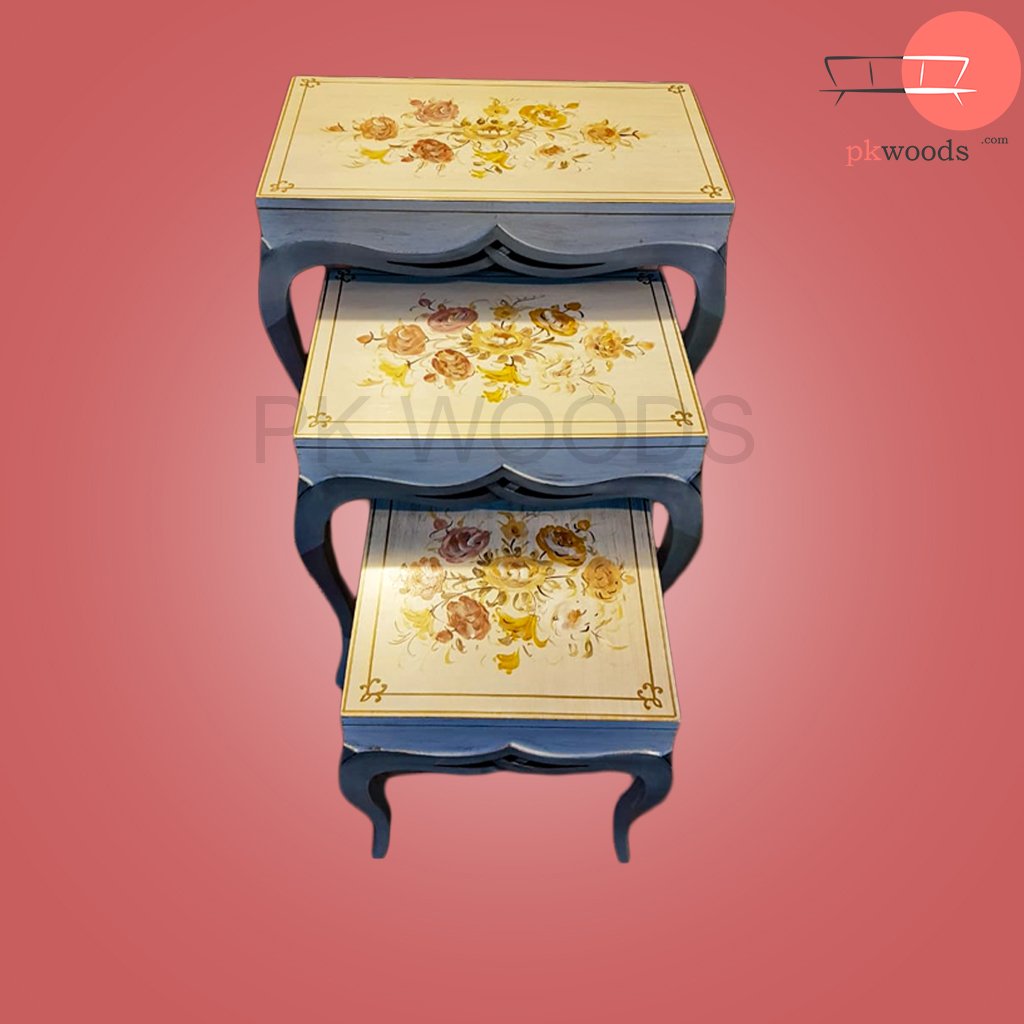 Central Floral CNC Wooden Design Nesting Table Set of 3