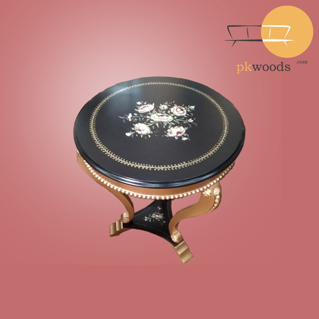 Floral Black Gold Wooden Side Table