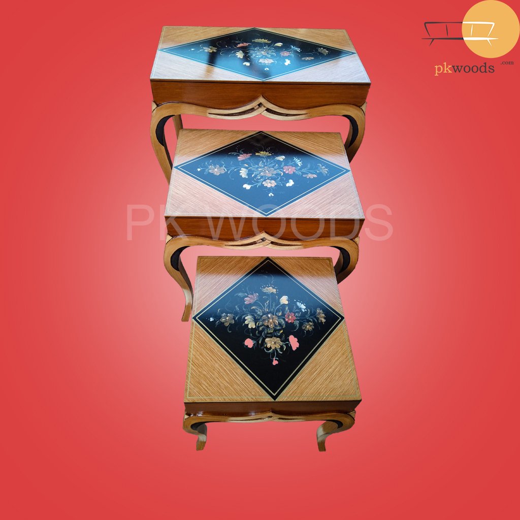 Floral CNC Wooden Design Nesting Table Set of 3