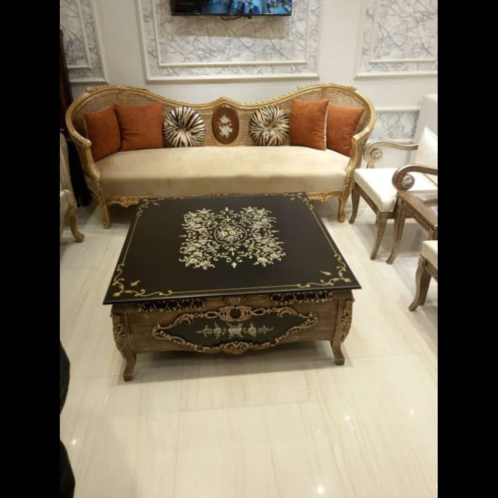 Black Golden Antique Hand-Painted Luxury Center Table with Metal Carvings