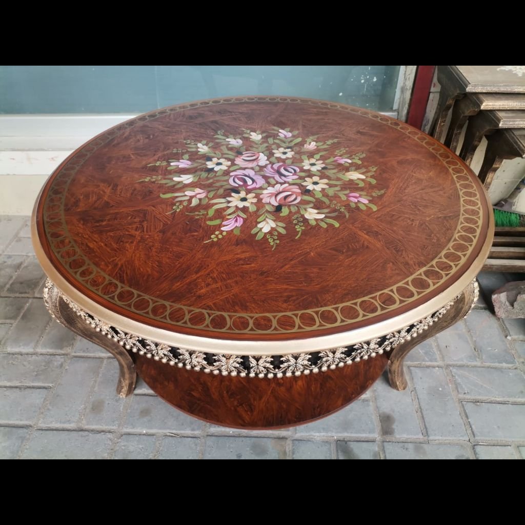 Brown Antique Round Floral Hand-Painted Center Table