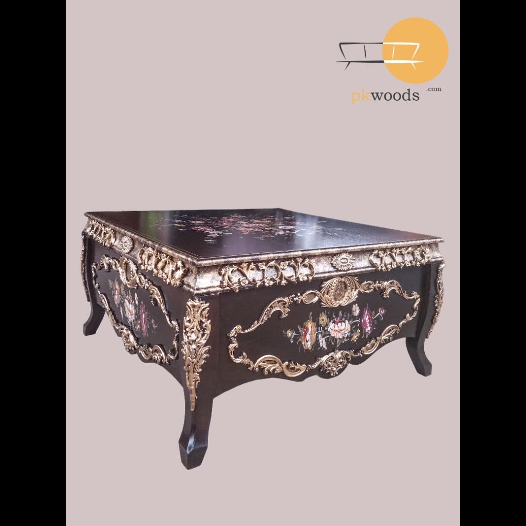 Chocolate Brown Floral Luxury Center Table with Metal Carvings