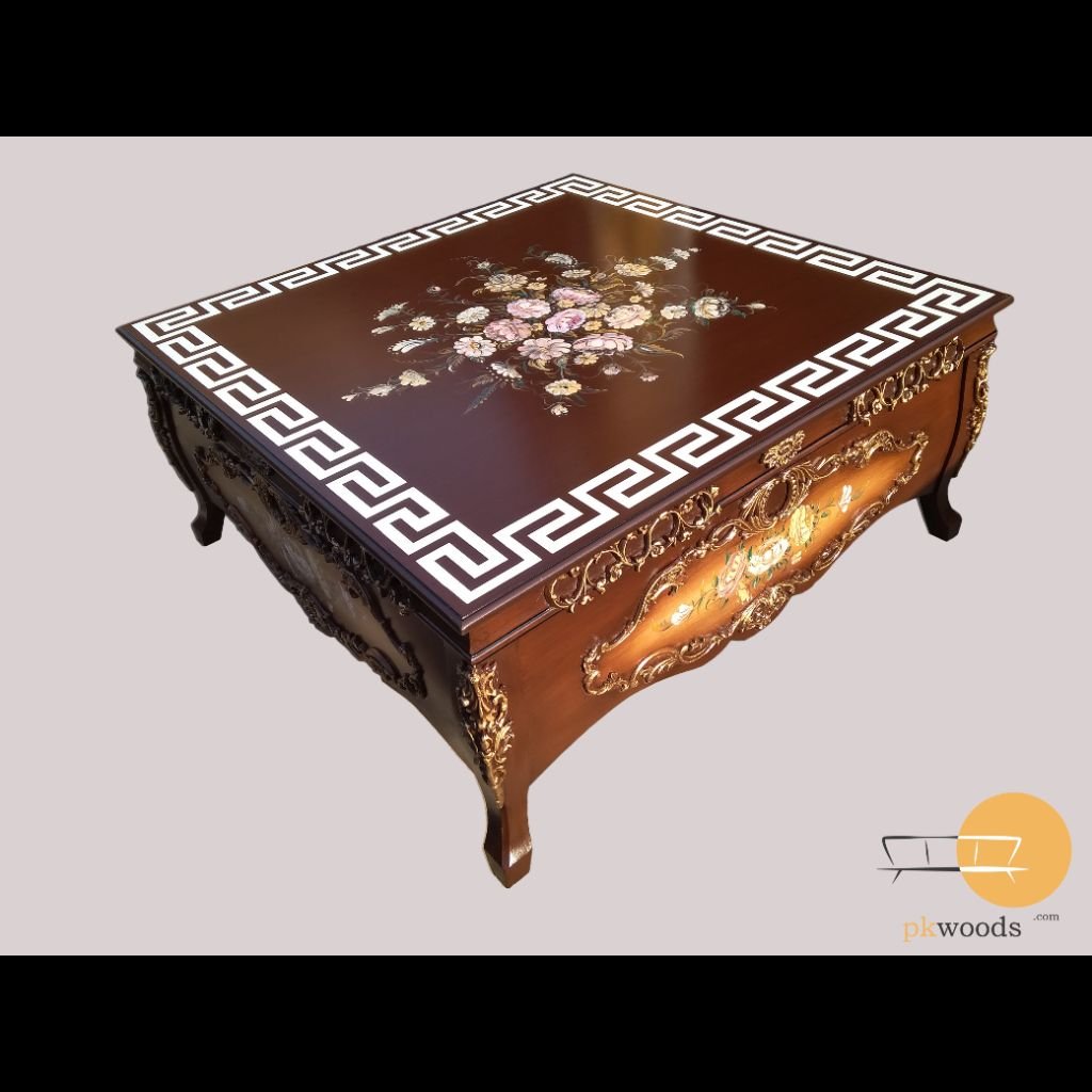 Brown Versace Antique Hand-Painted Luxury Center Table with Metal Carvings