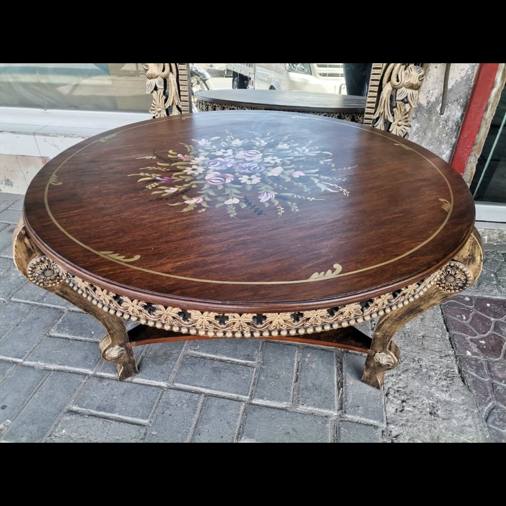 Brown Round Antique Floral Hand-Painted Center Table