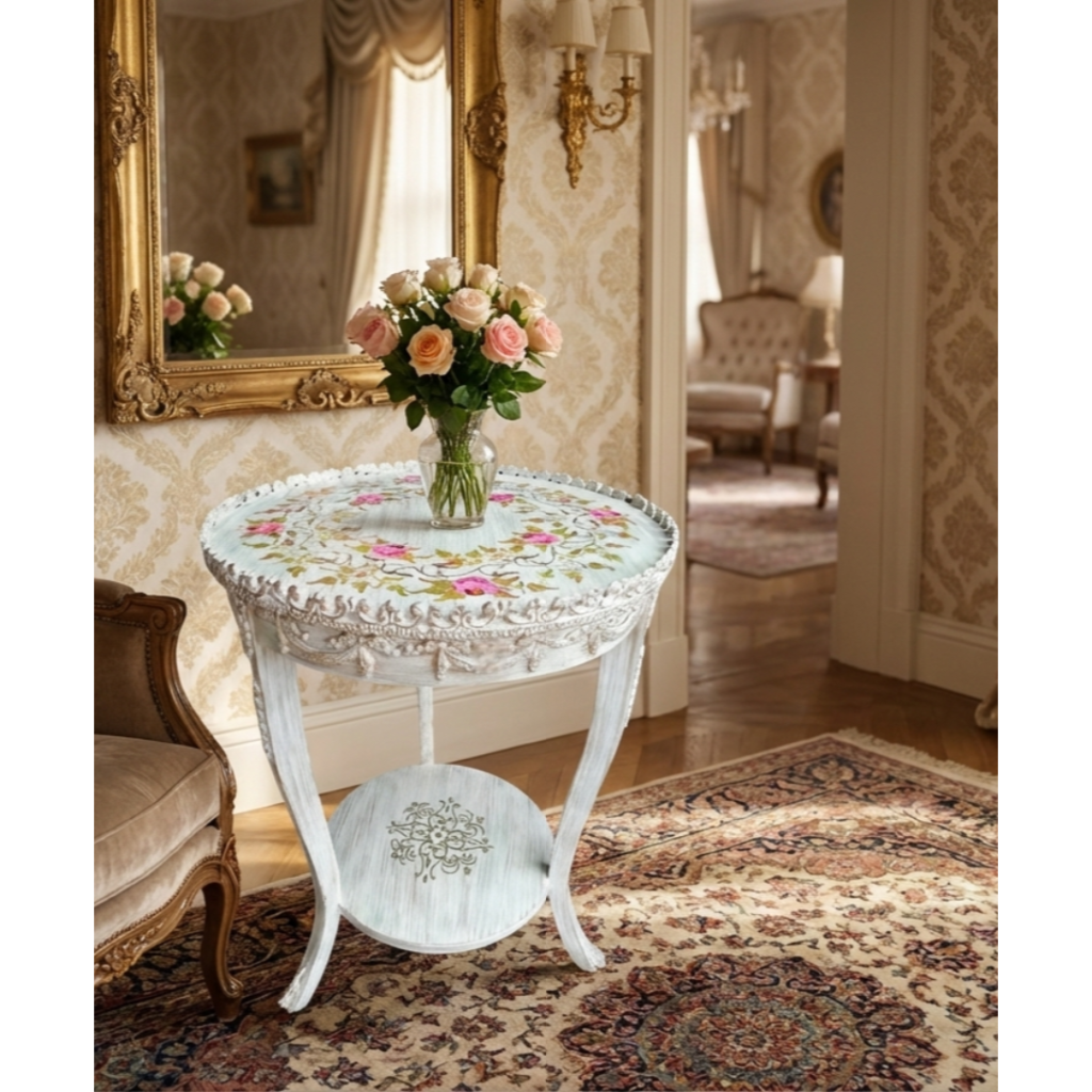Antique Floral White Side Table