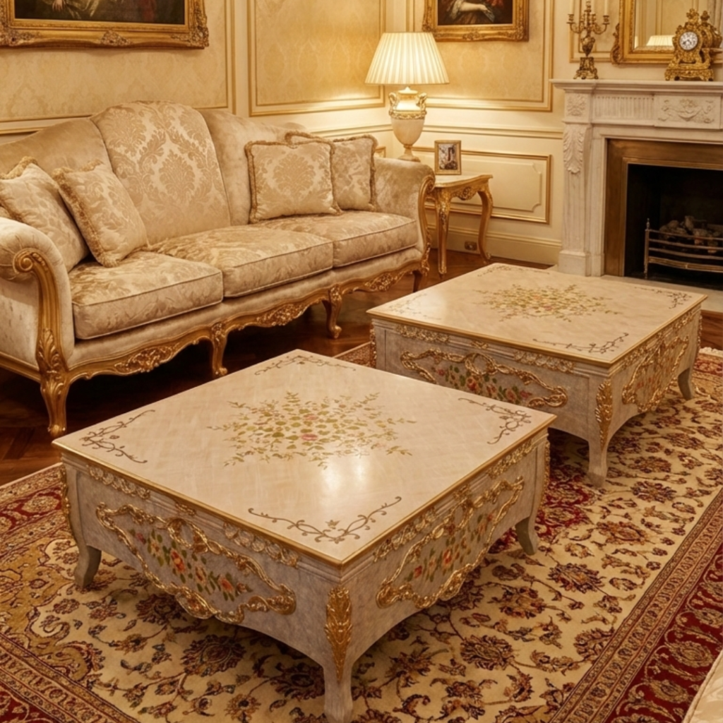 Hand-Painted Luxury Center Table with Metal Carvings