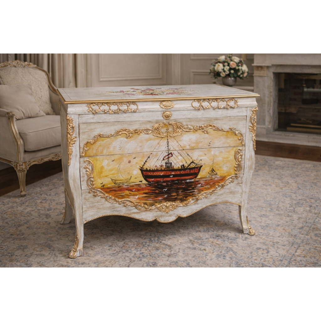 Golden Voyage Hand-Painted Chest of Drawers – Vintage Luxury by PK Woods