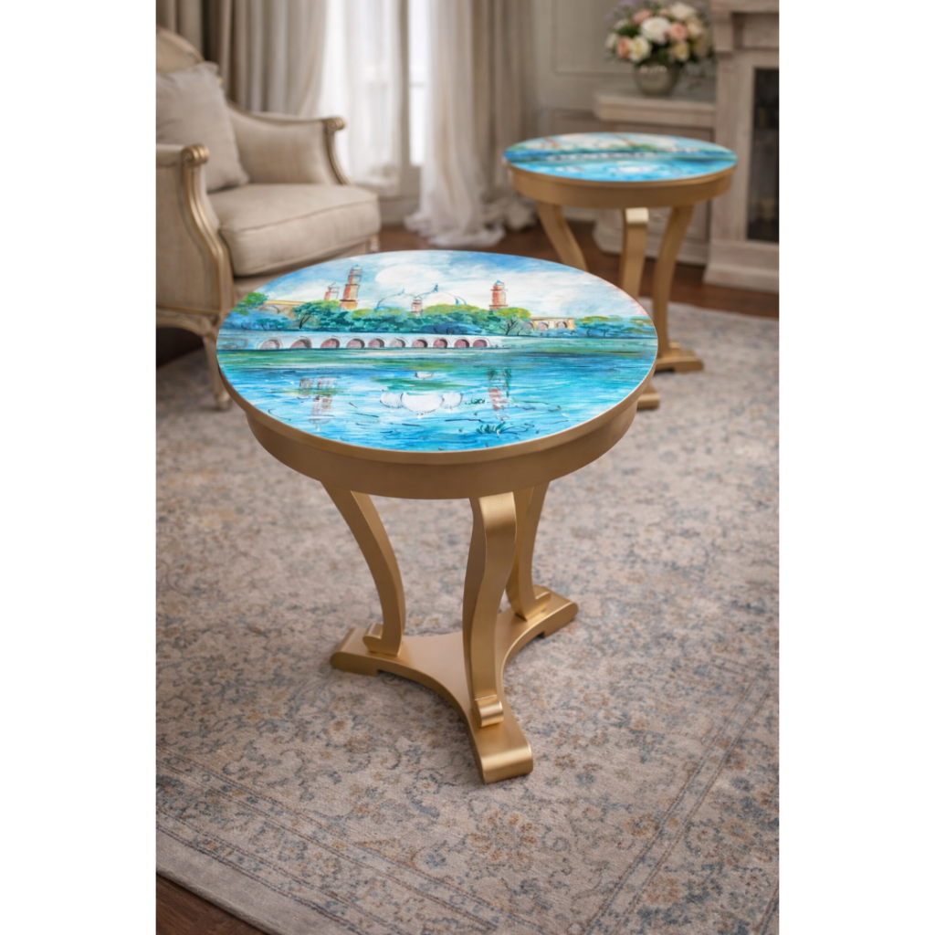 Lahore Heritage Hand-Painted Round Side Table – Gold Base by PK Woods