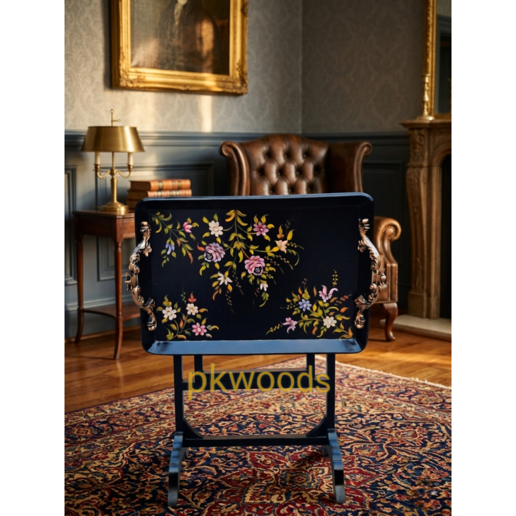 Black Foldable Floral Tray Table with Metal Handles
